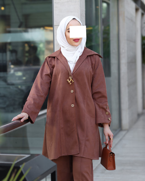 Chamois Buttoned Jacket Set – Rust Brown