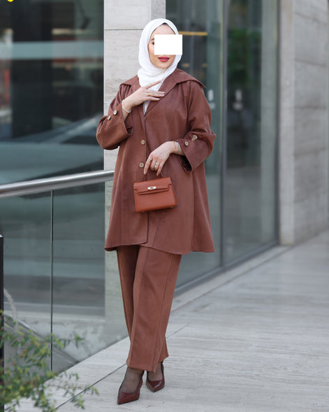 Chamois Buttoned Jacket Set – Rust Brown