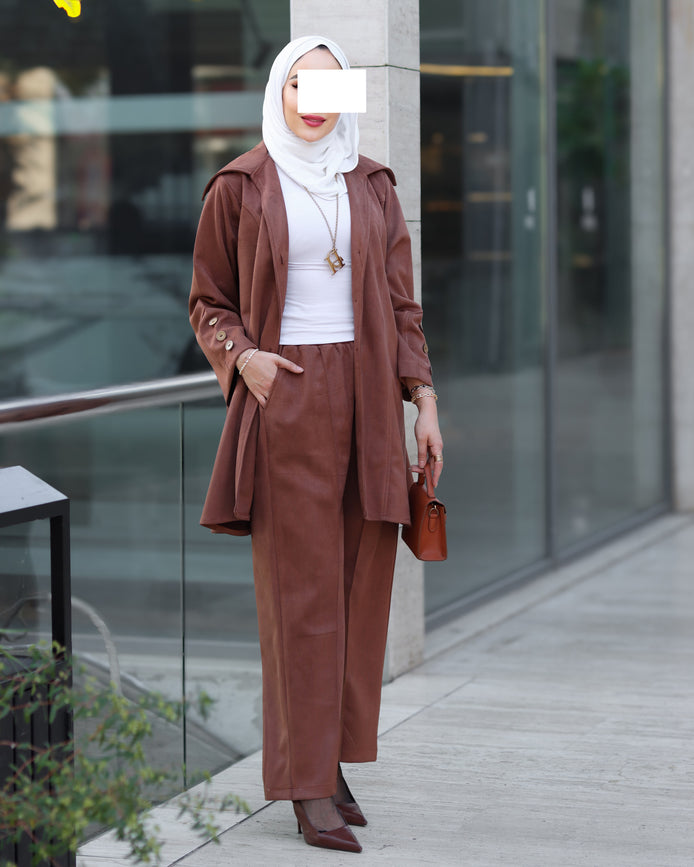 Chamois Buttoned Jacket Set – Rust Brown