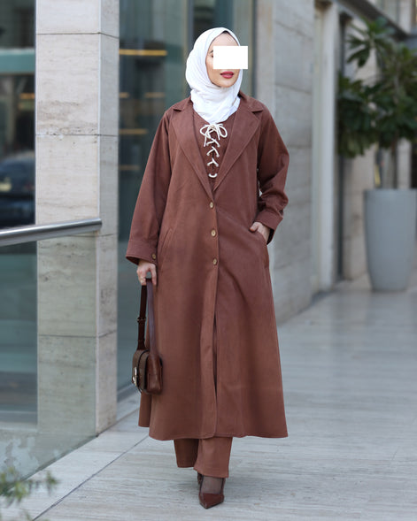 Lace-Up Chamois Coat Set – Mocha Brown