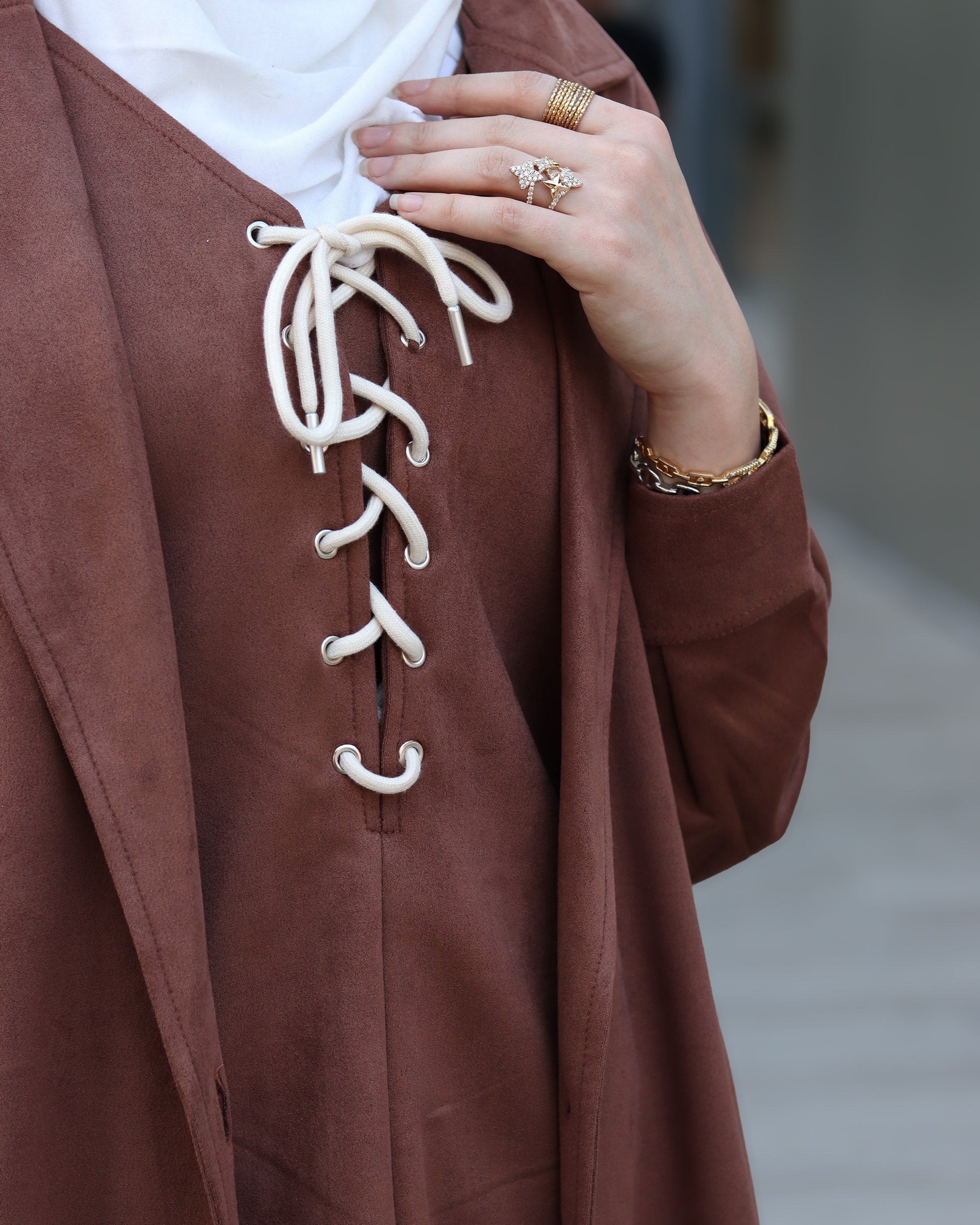 Lace-Up Chamois Coat Set – Mocha Brown