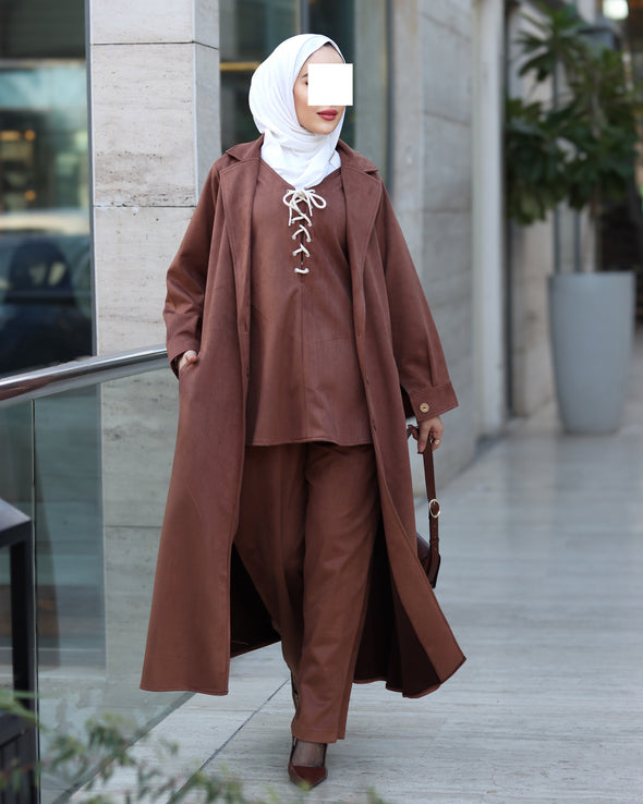 Lace-Up Chamois Coat Set – Mocha Brown