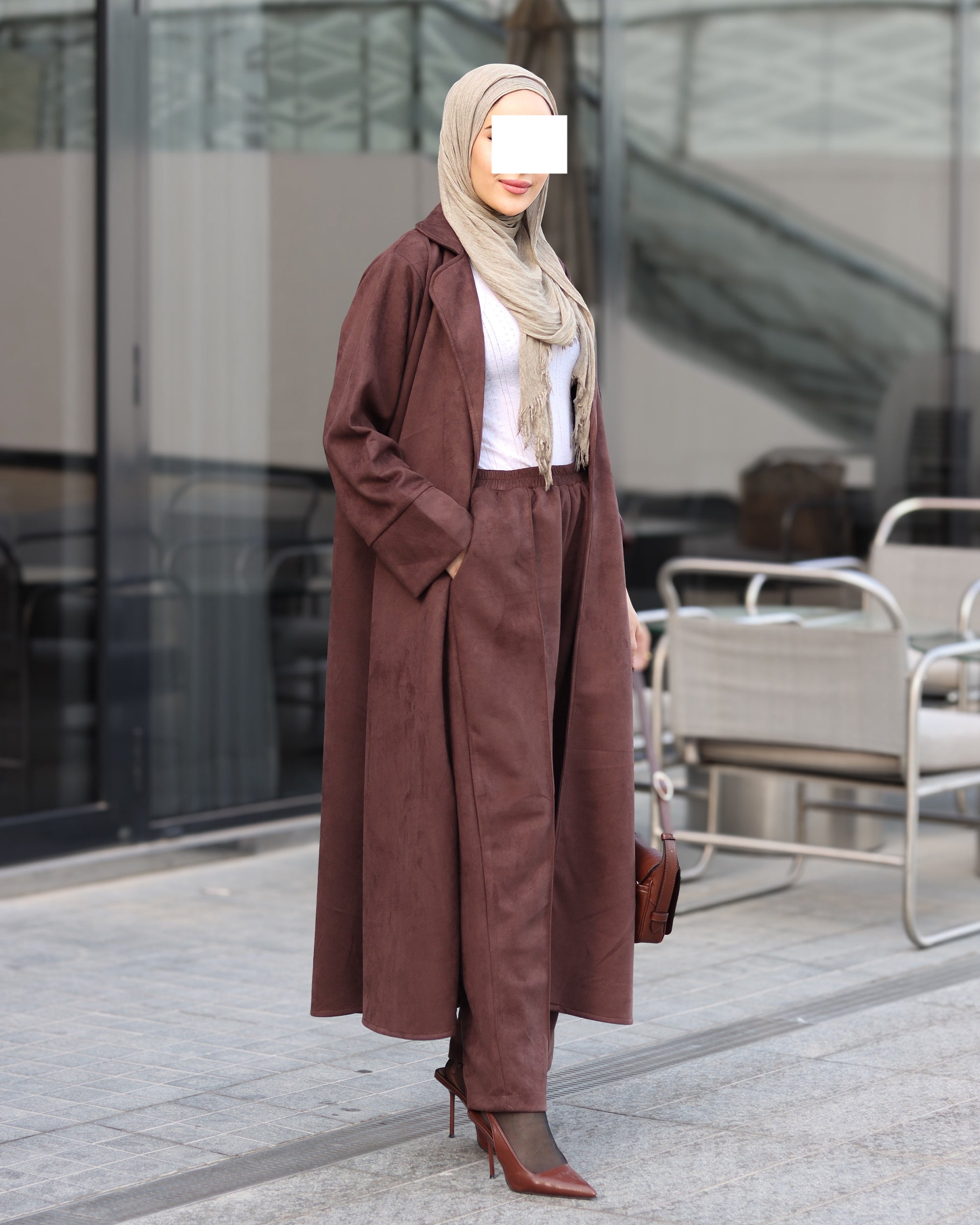 Single-Button Chamois Coat Set – Brown