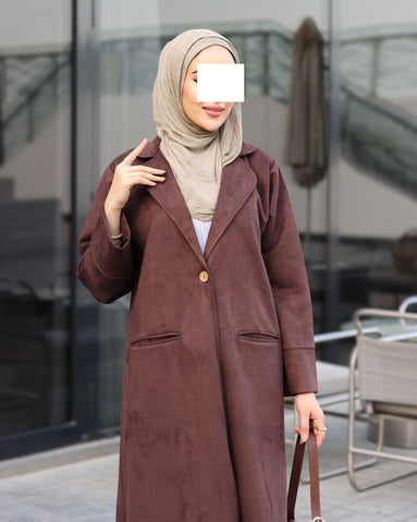 Single-Button Chamois Coat Set – Brown