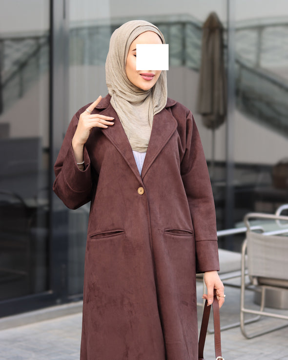 Single-Button Chamois Coat Set – Brown