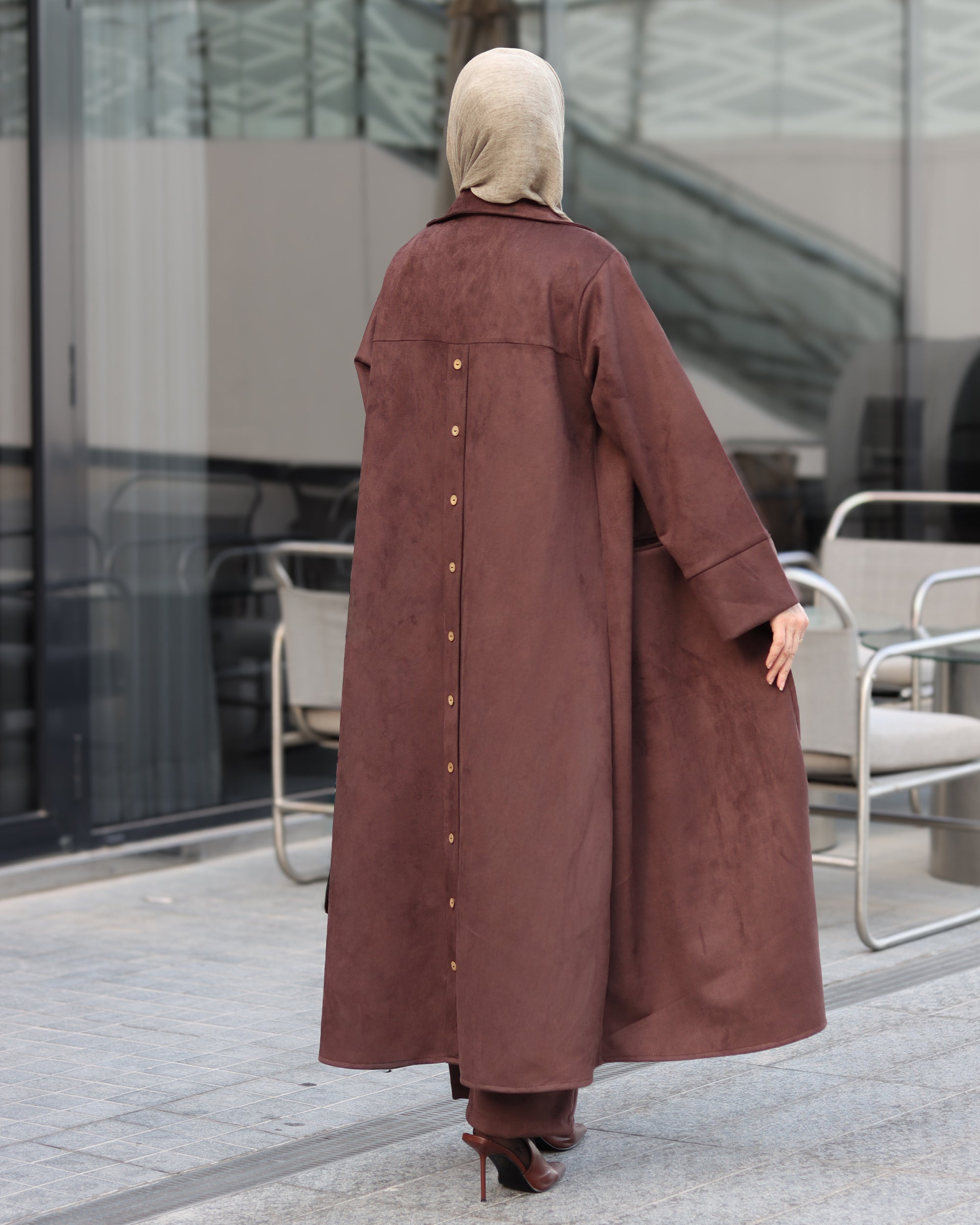 Single-Button Chamois Coat Set – Brown