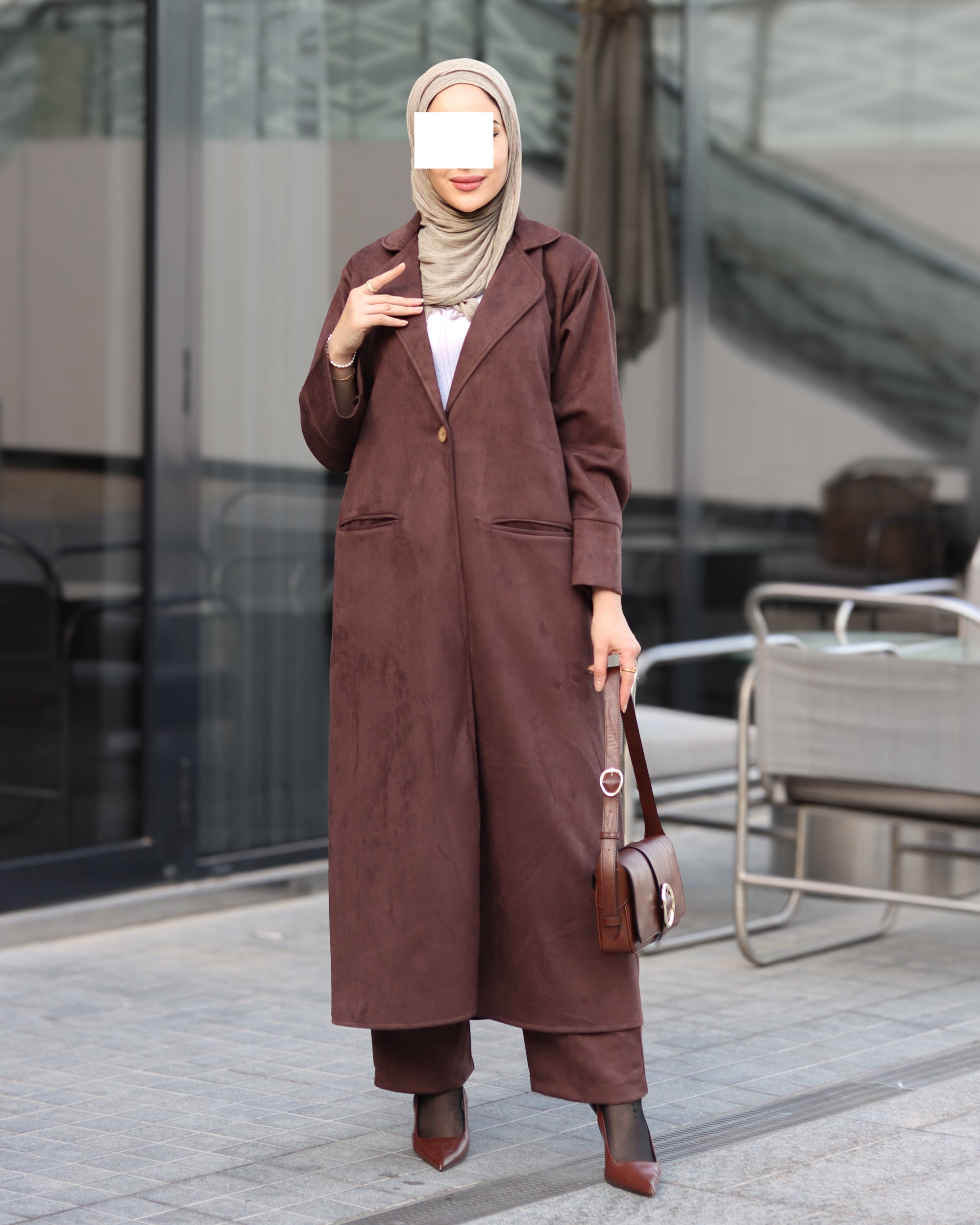 Single-Button Chamois Coat Set – Brown