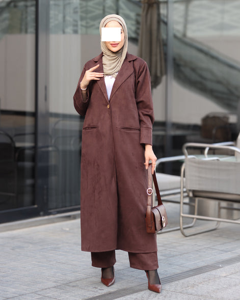 Single-Button Chamois Coat Set – Brown