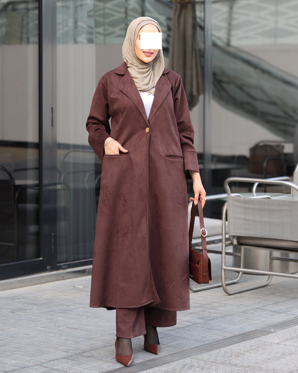 Single-Button Chamois Coat Set – Brown