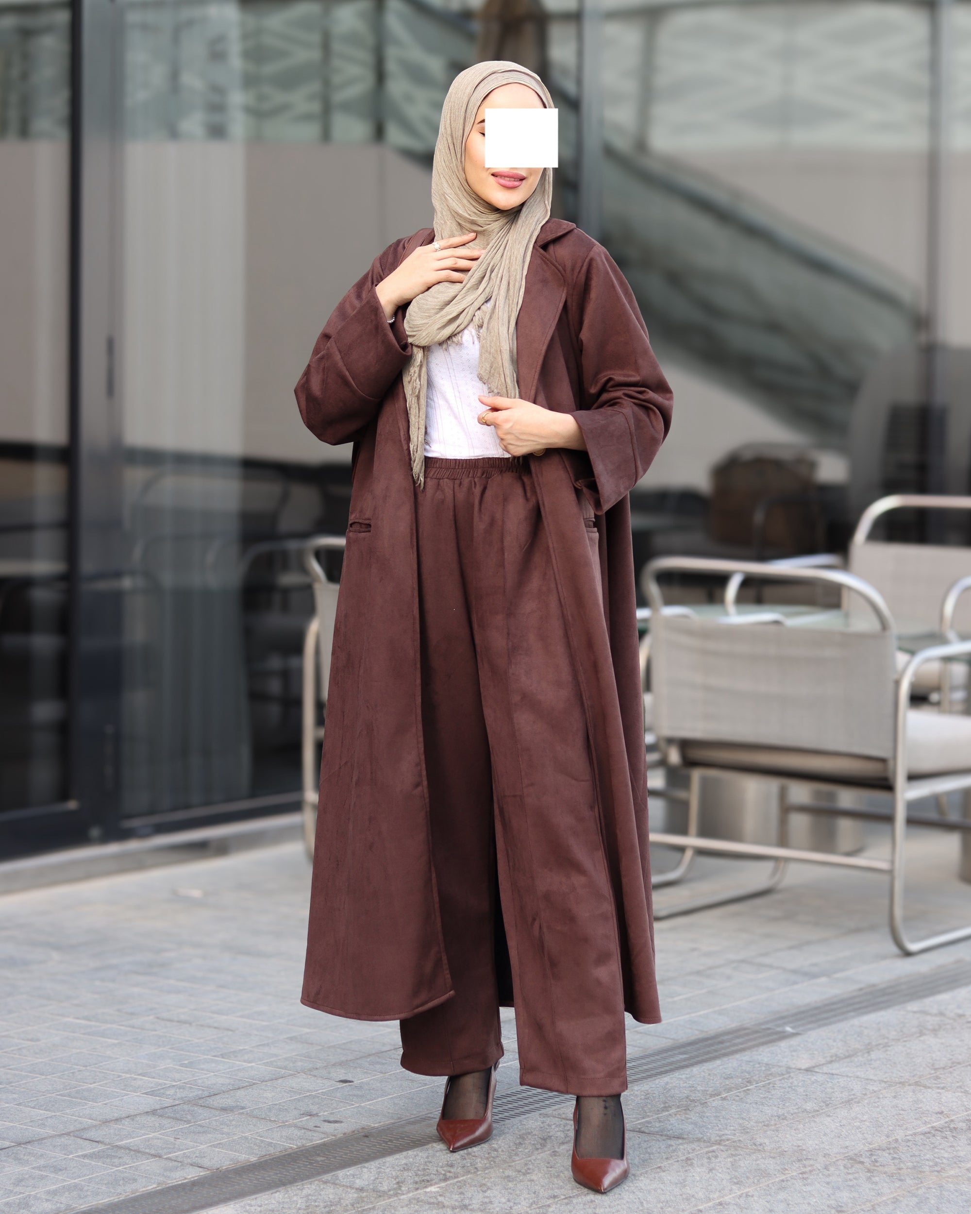 Single-Button Chamois Coat Set – Brown