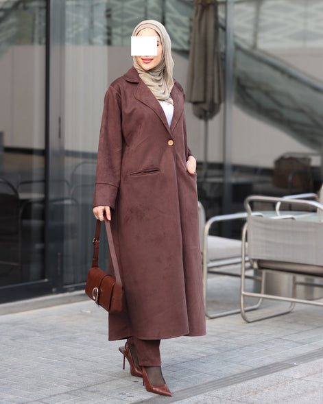 Single-Button Chamois Coat Set – Brown