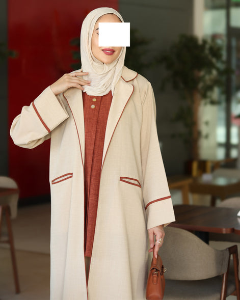 Contrast Trim Chamois Coat Set – Cream