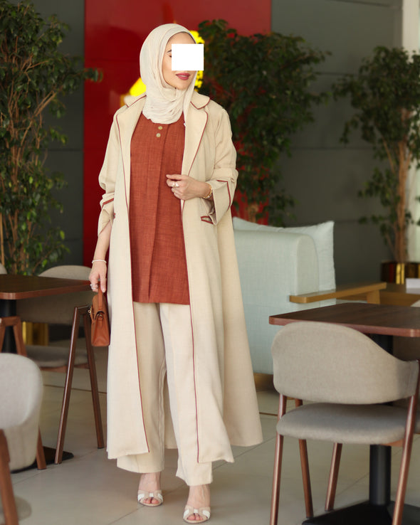 Contrast Trim Chamois Coat Set – Cream