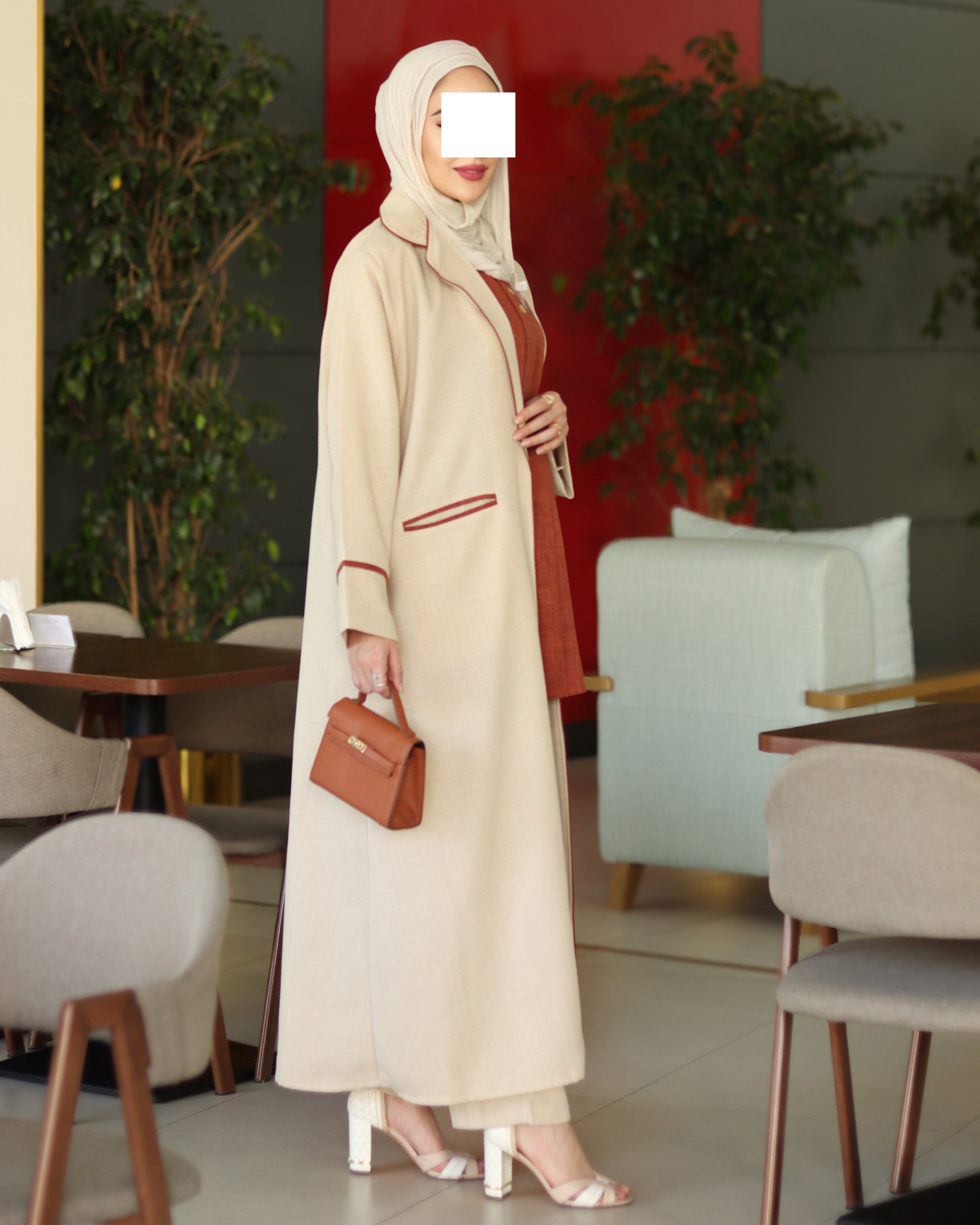 Contrast Trim Chamois Coat Set – Cream