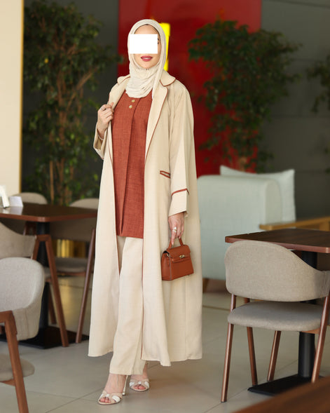 Contrast Trim Chamois Coat Set – Cream