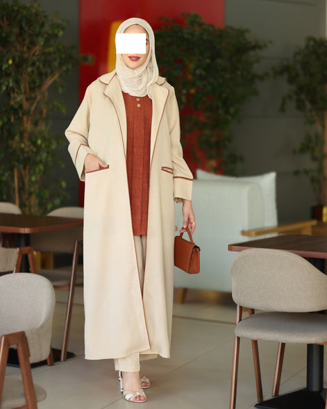 Contrast Trim Chamois Coat Set – Cream