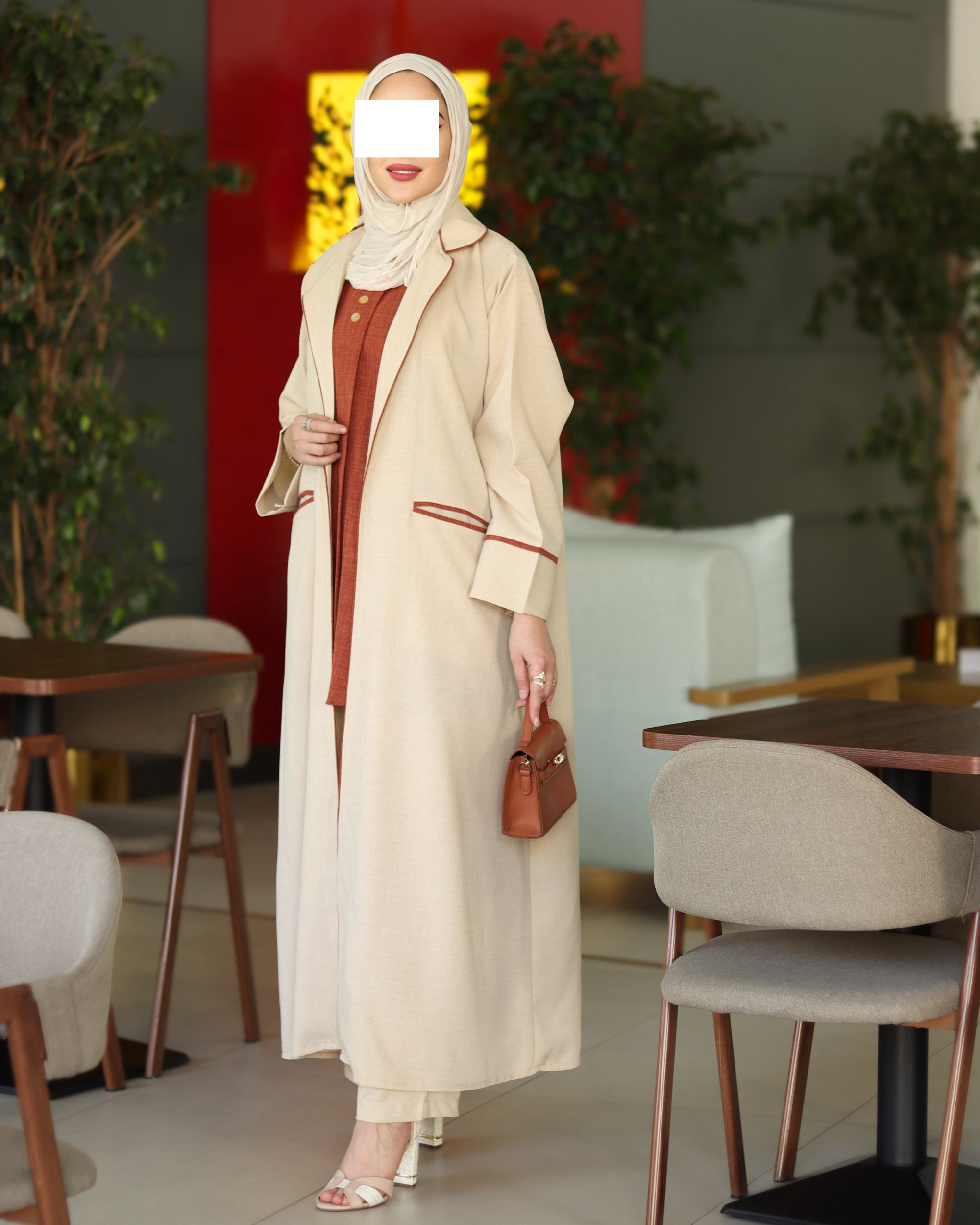 Contrast Trim Chamois Coat Set – Cream