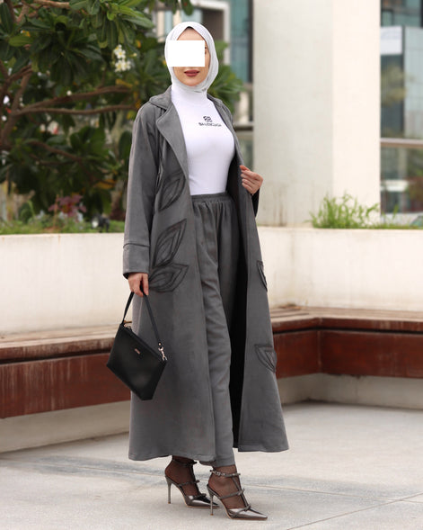 Textured Leaf Chamois Coat Set – Charcoal Grey