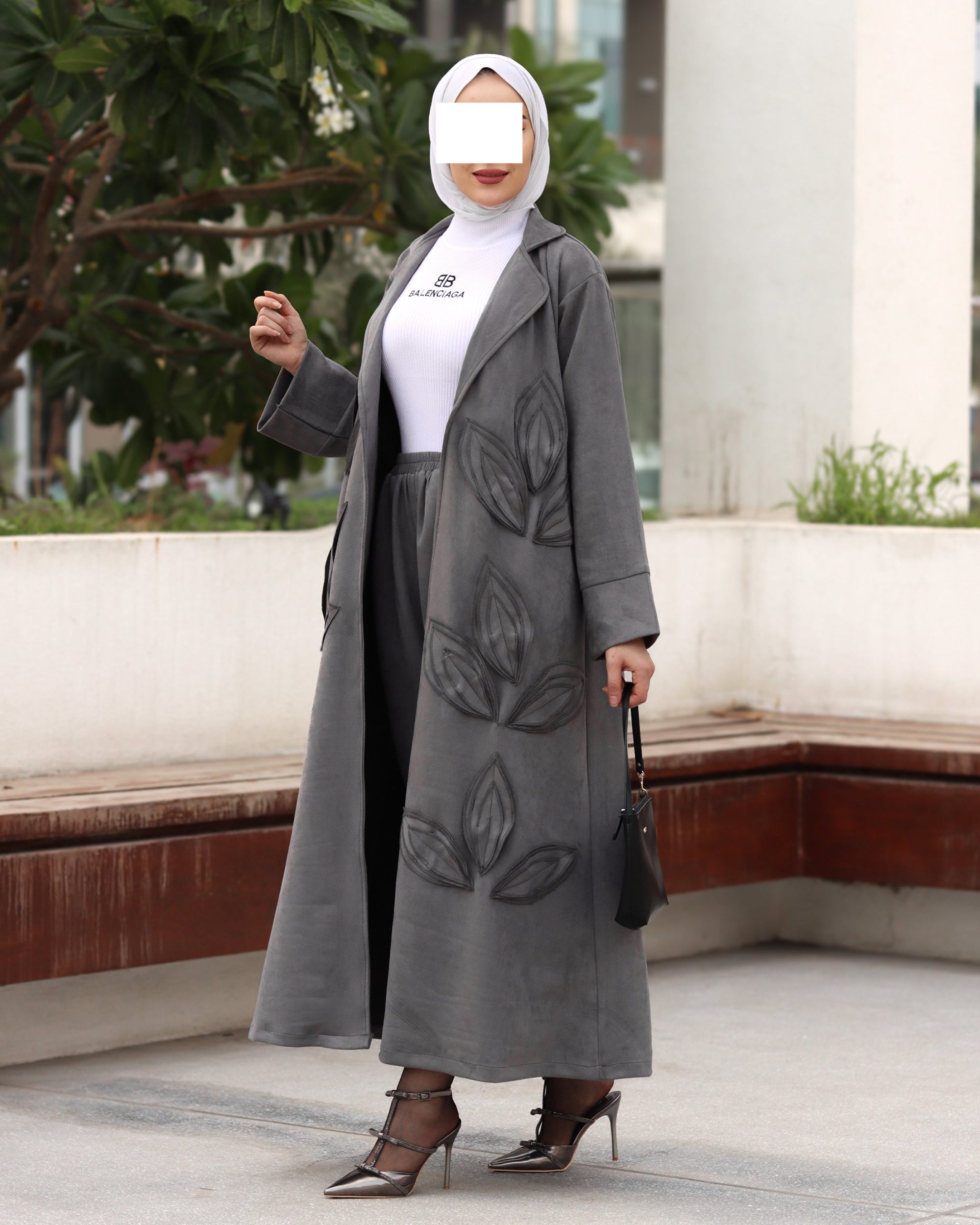 Textured Leaf Chamois Coat Set – Charcoal Grey