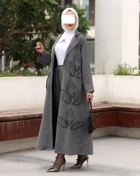 Textured Leaf Chamois Coat Set – Charcoal Grey