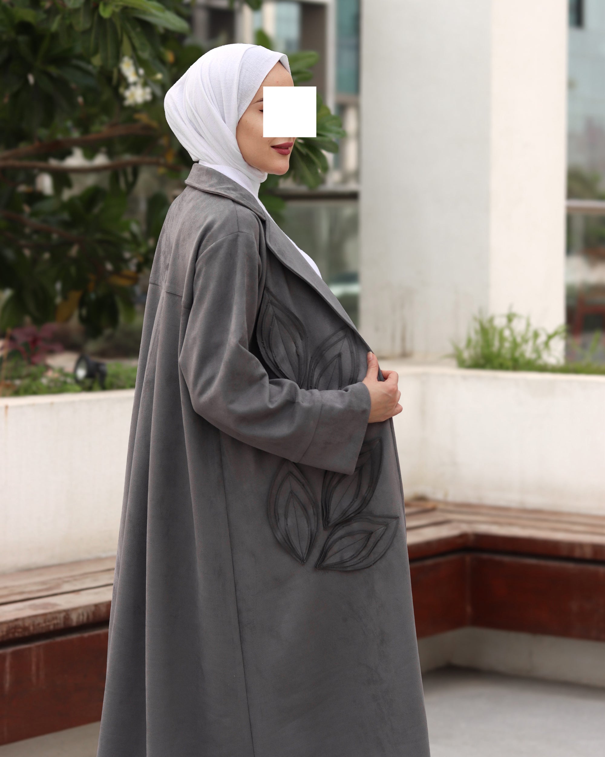 Textured Leaf Chamois Coat Set – Charcoal Grey