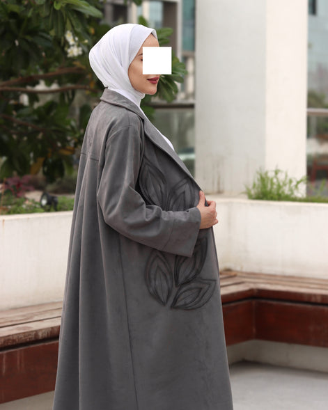 Textured Leaf Chamois Coat Set – Charcoal Grey