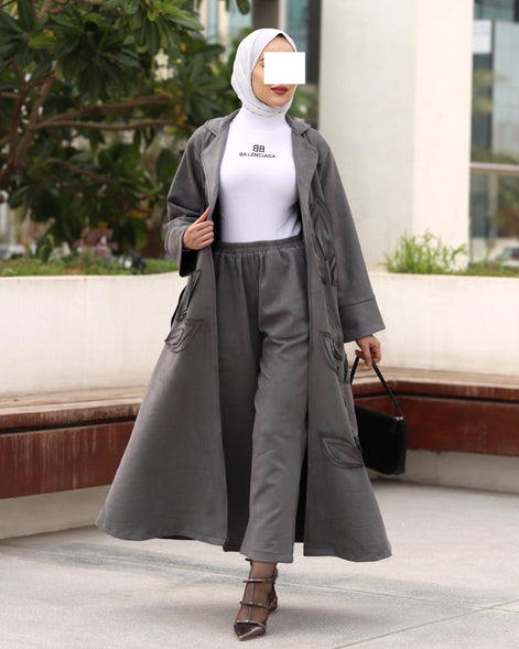 Textured Leaf Chamois Coat Set – Charcoal Grey