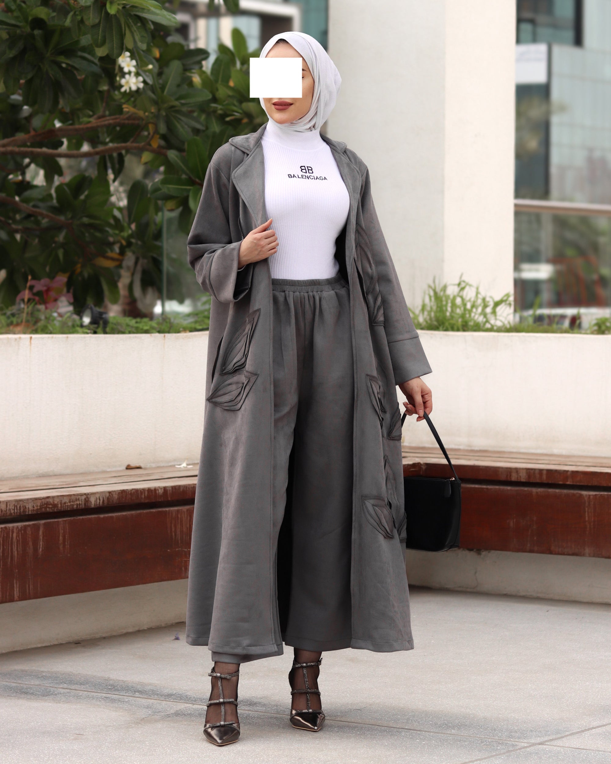 Textured Leaf Chamois Coat Set – Charcoal Grey