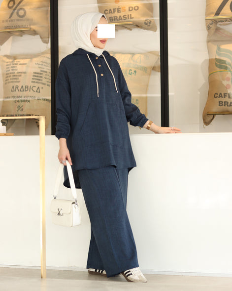 Hooded Linen Relax Set – Navy