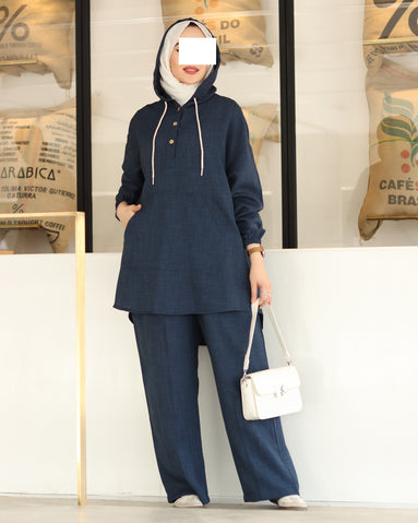 Hooded Linen Relax Set – Navy