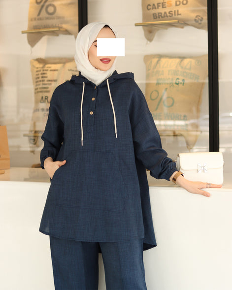 Hooded Linen Relax Set – Navy