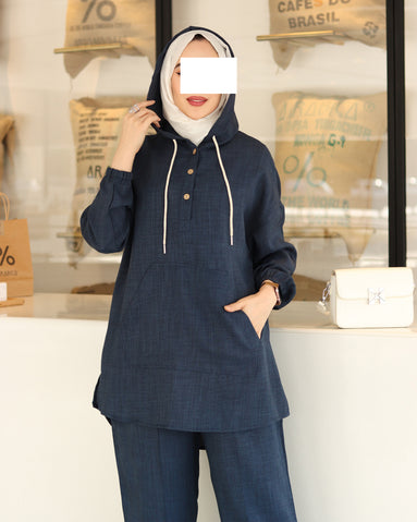 Hooded Linen Relax Set – Navy