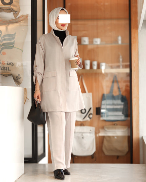 Front-Zip Linen Set – Soft Beige