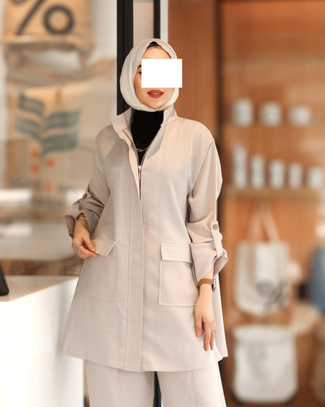 Front-Zip Linen Set – Soft Beige