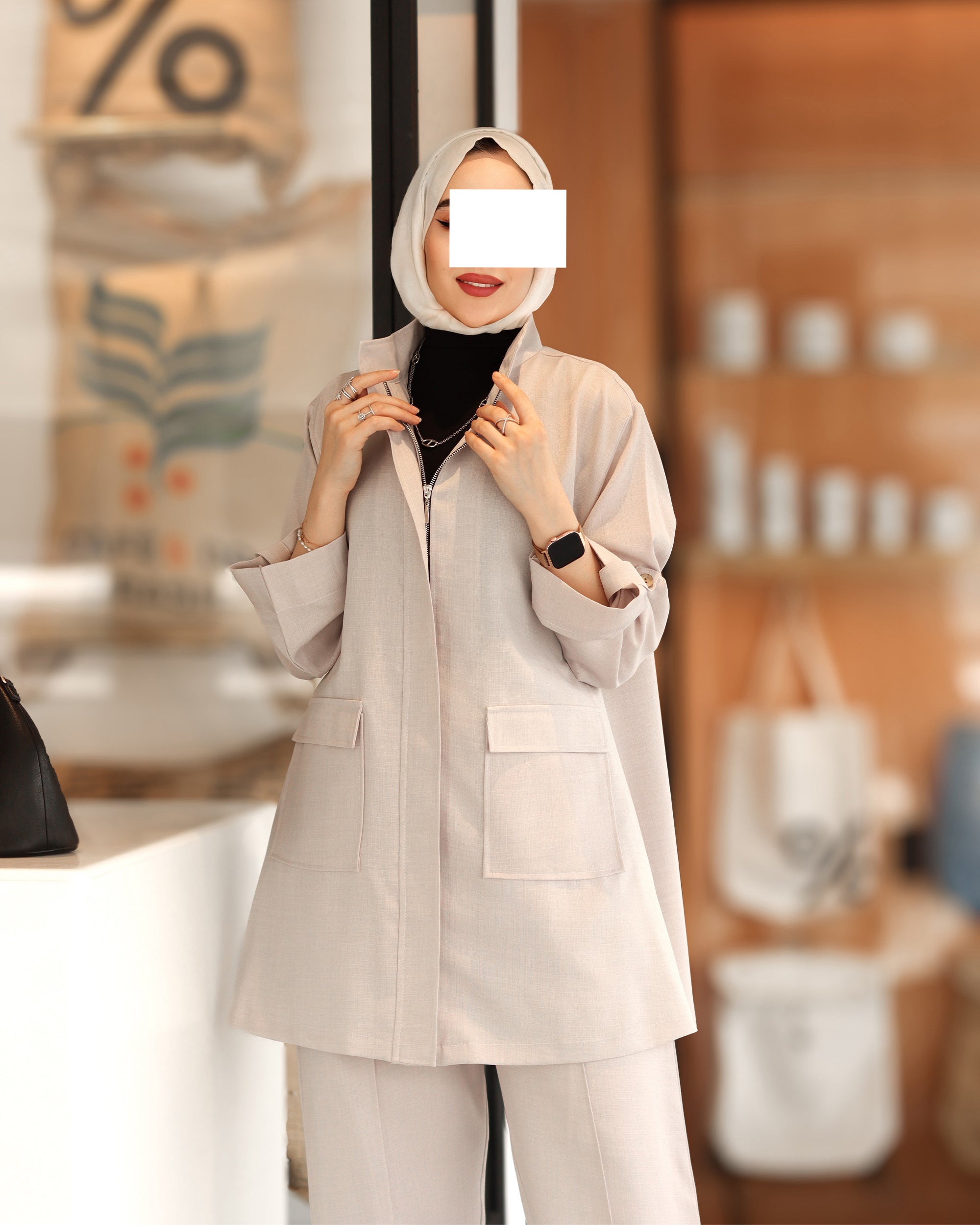 Front-Zip Linen Set – Soft Beige