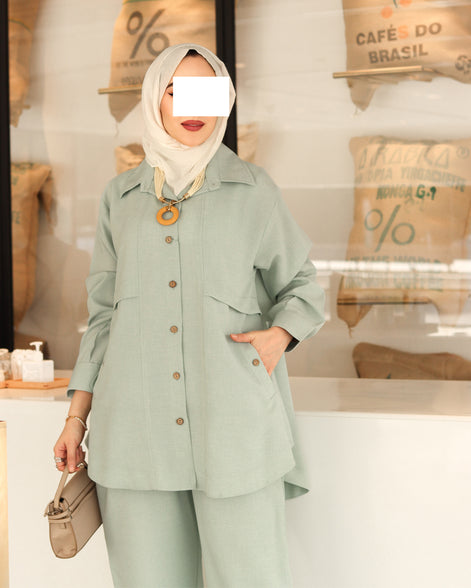 Buttoned Linen Set – Mint