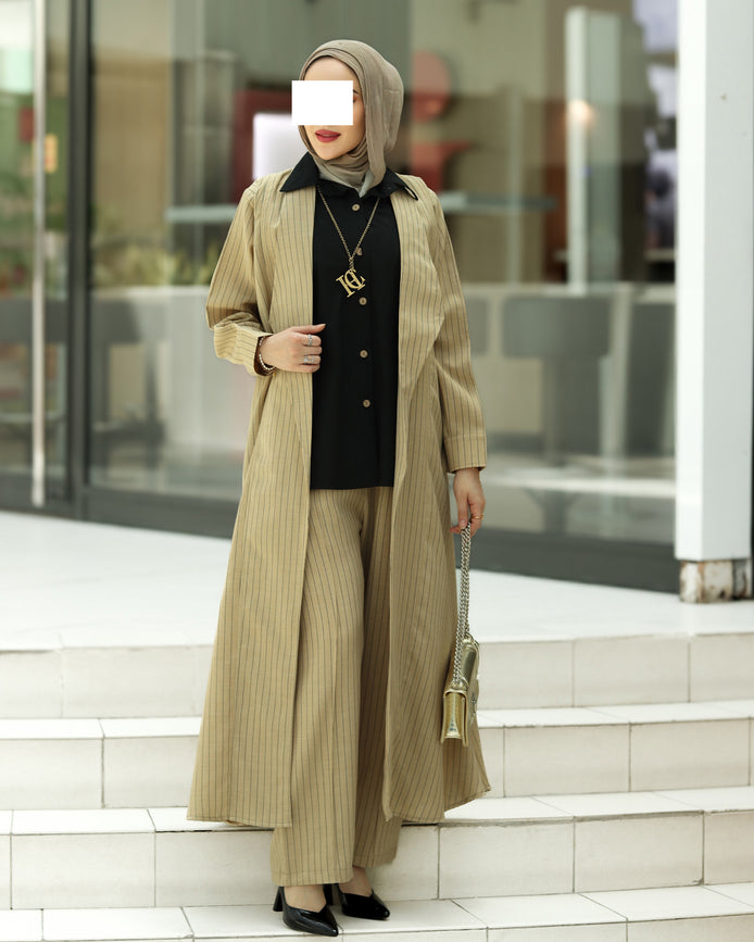 Striped Linen Coat Set – Sand Beige
