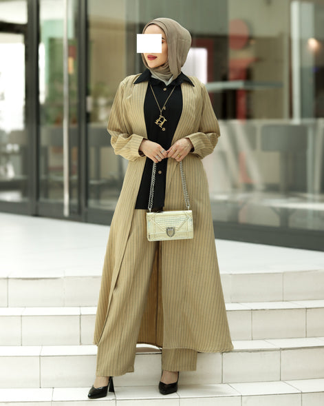 Striped Linen Coat Set – Sand Beige