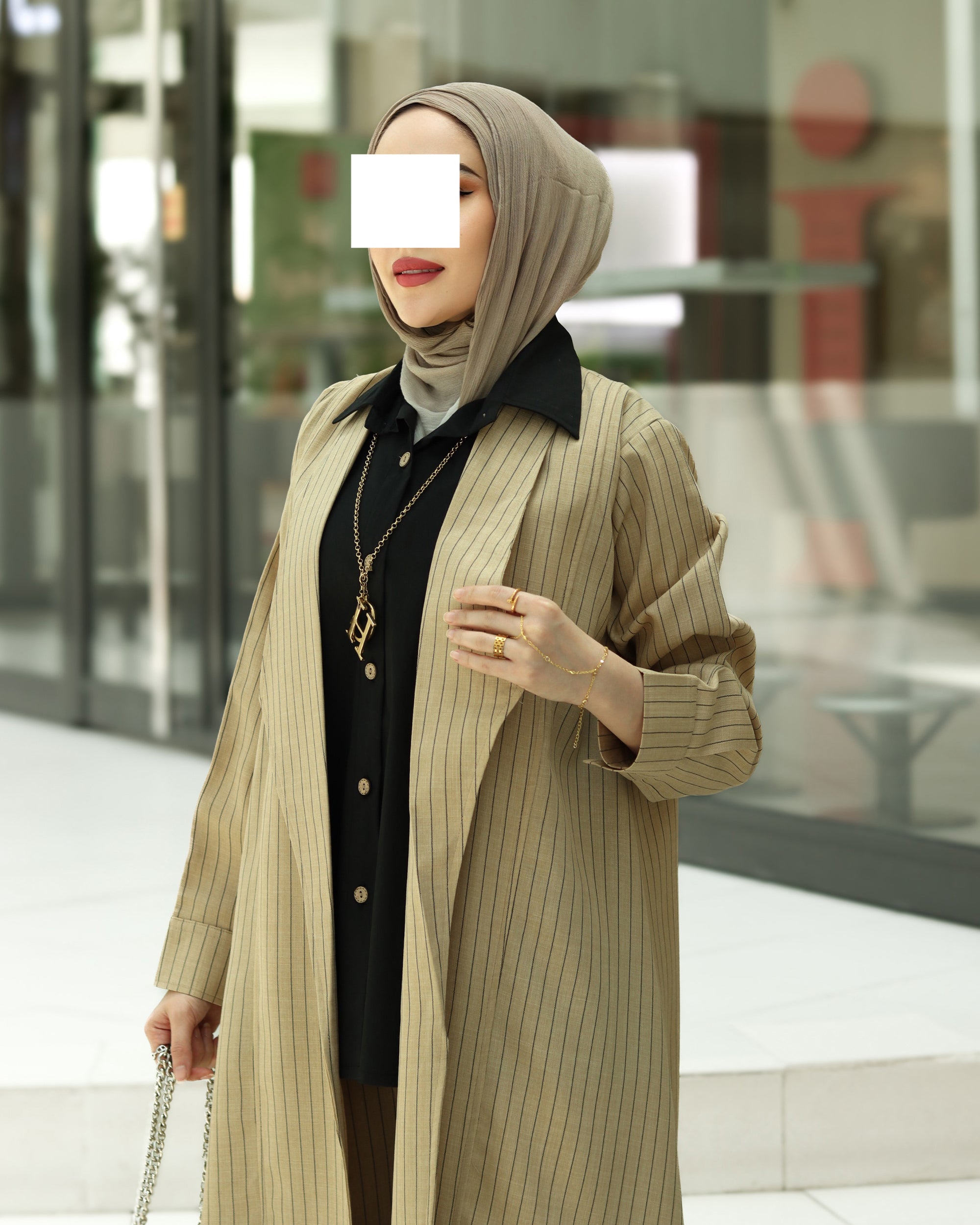 Striped Linen Coat Set – Sand Beige