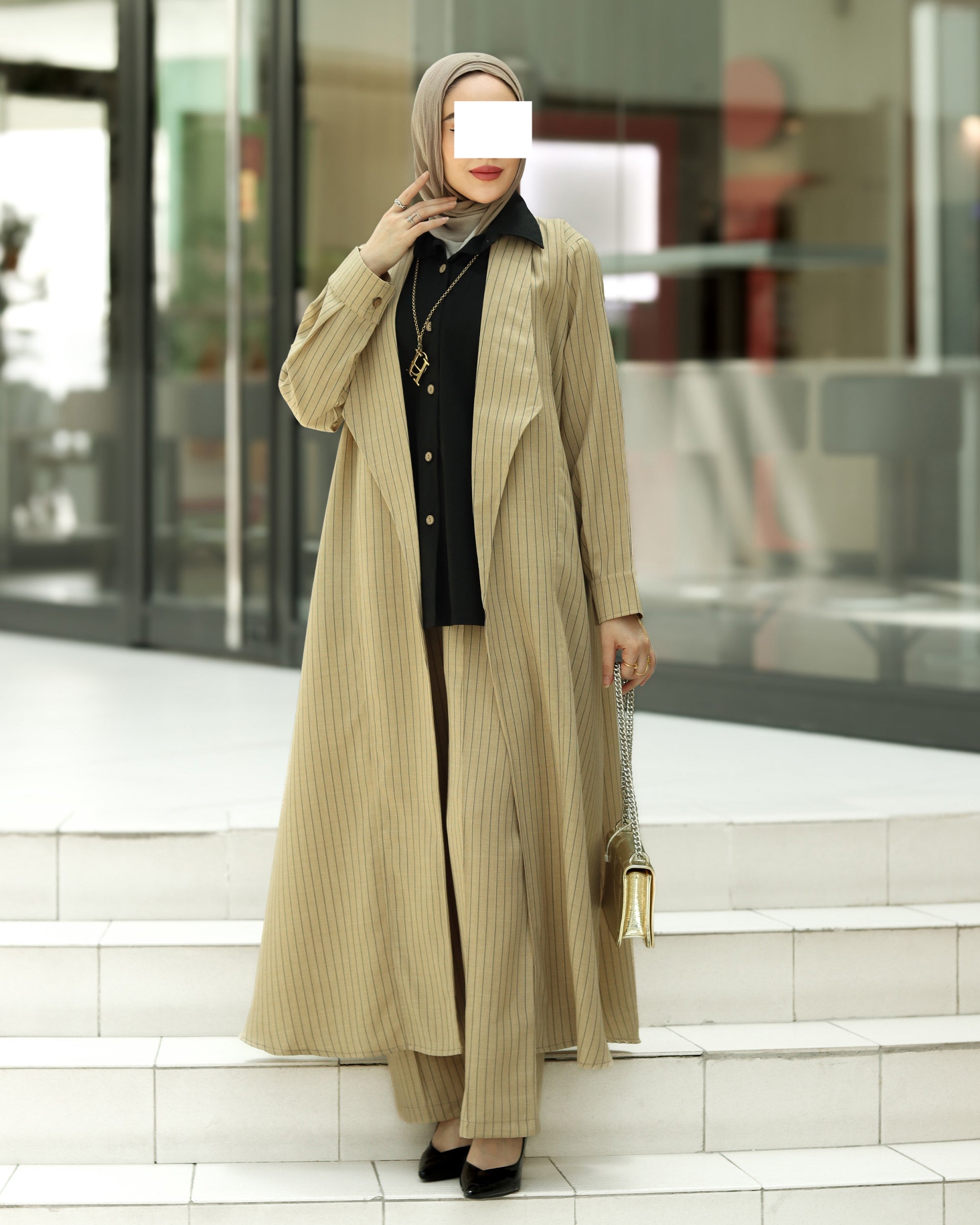 Striped Linen Coat Set – Sand Beige