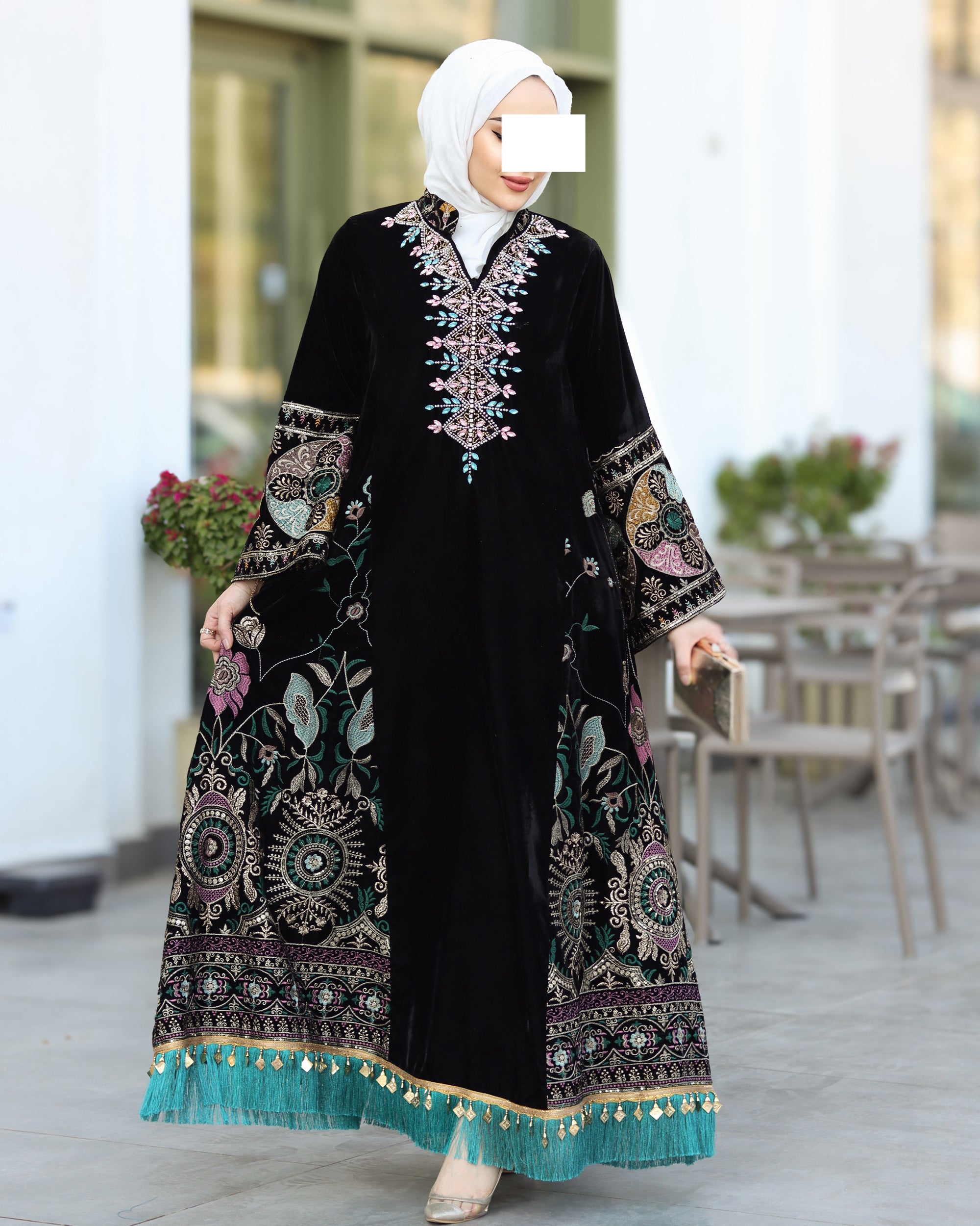 Embroidered Velvet Daraa – Black with Turquoise Details