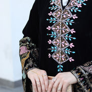 Embroidered Velvet Daraa – Black with Turquoise Details