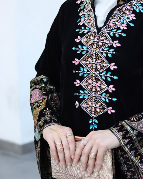 Embroidered Velvet Daraa – Black with Turquoise Details