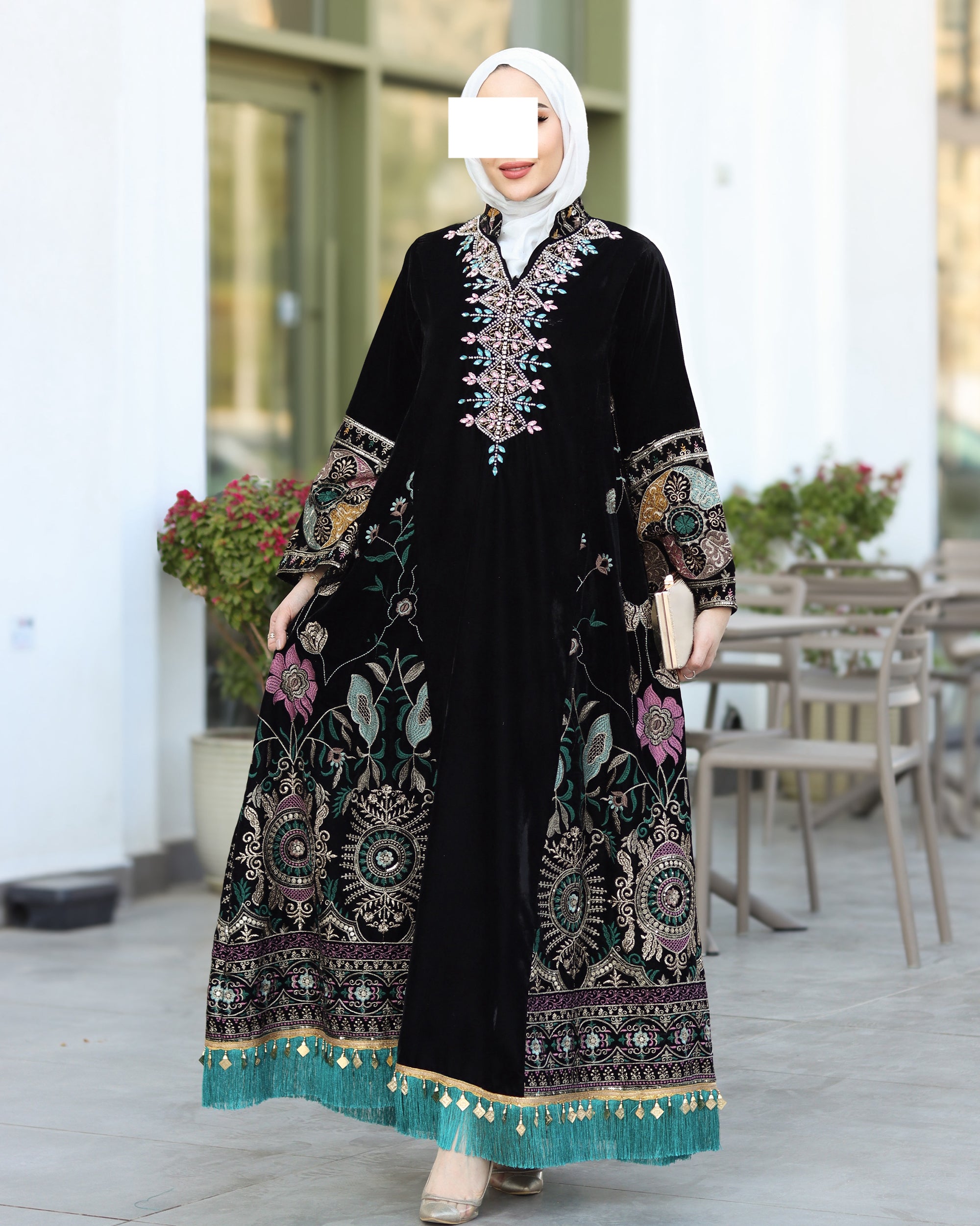 Embroidered Velvet Daraa – Black with Turquoise Details