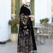 Embroidered Velvet Daraa – Black with Turquoise Details