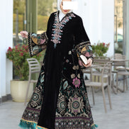 Embroidered Velvet Daraa – Black with Turquoise Details