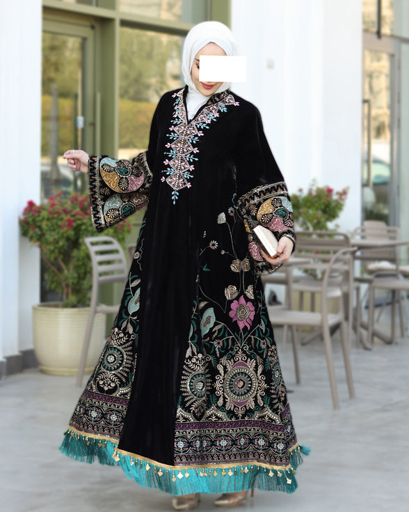 Embroidered Velvet Daraa – Black with Turquoise Details