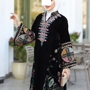 Embroidered Velvet Daraa – Black with Turquoise Details