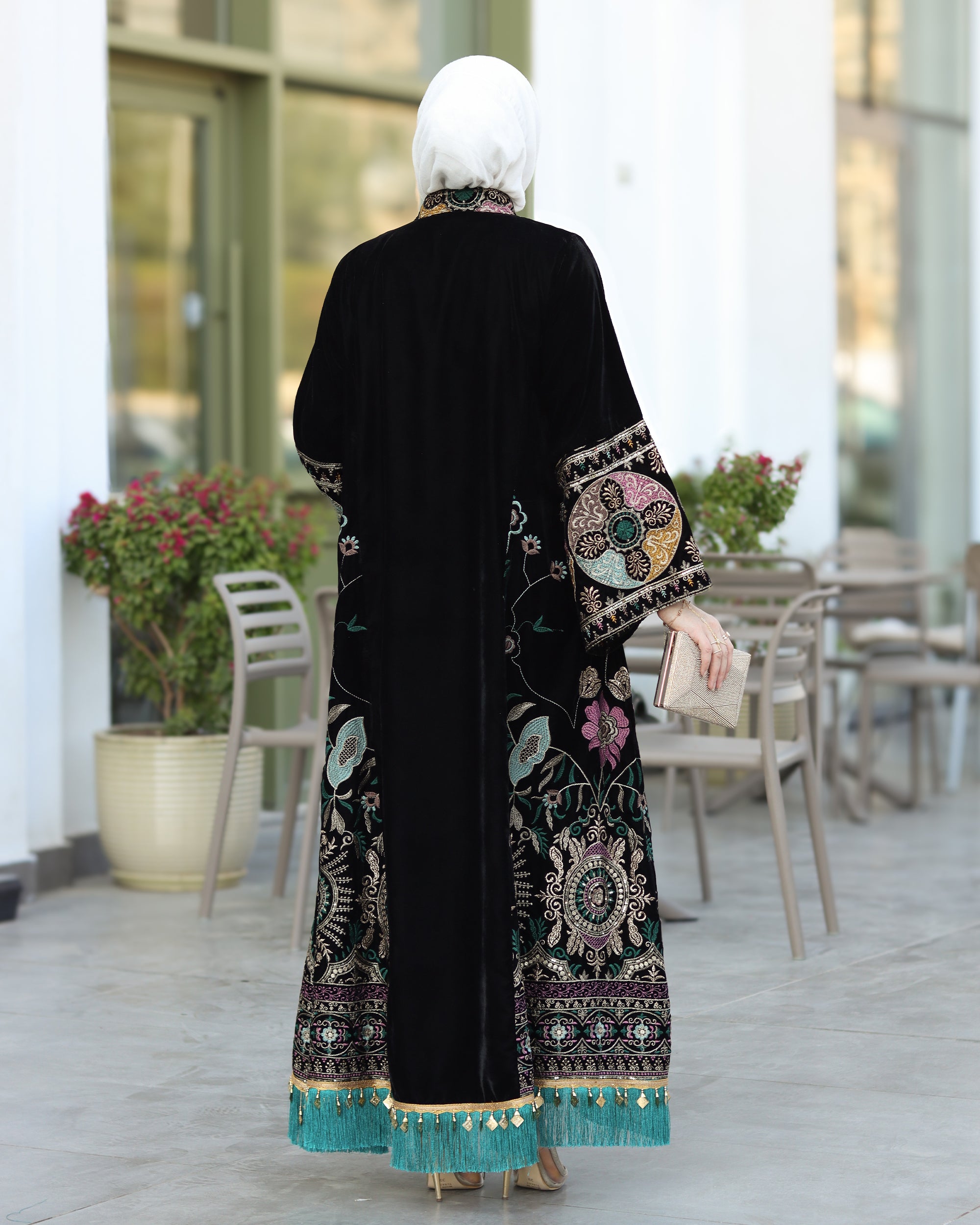 Embroidered Velvet Daraa – Black with Turquoise Details