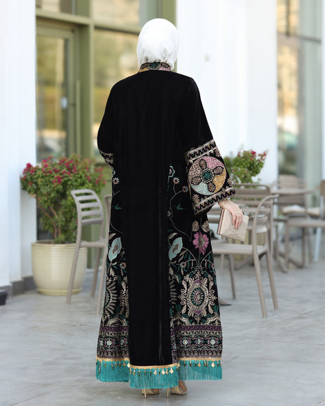 Embroidered Velvet Daraa – Black with Turquoise Details